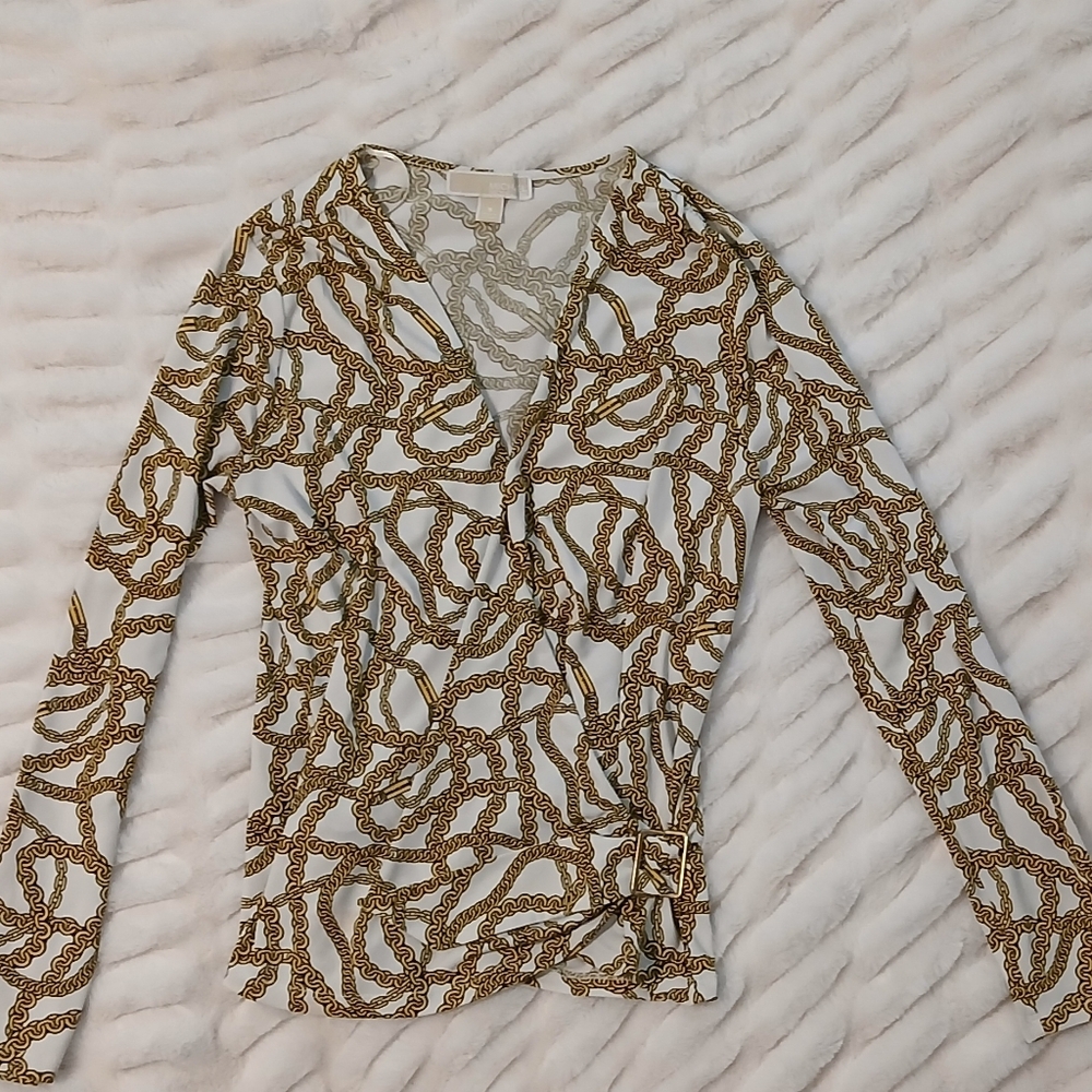 Michael Kors MK Women Career Bone Cream Black Yellow Logo Chain Blouse 